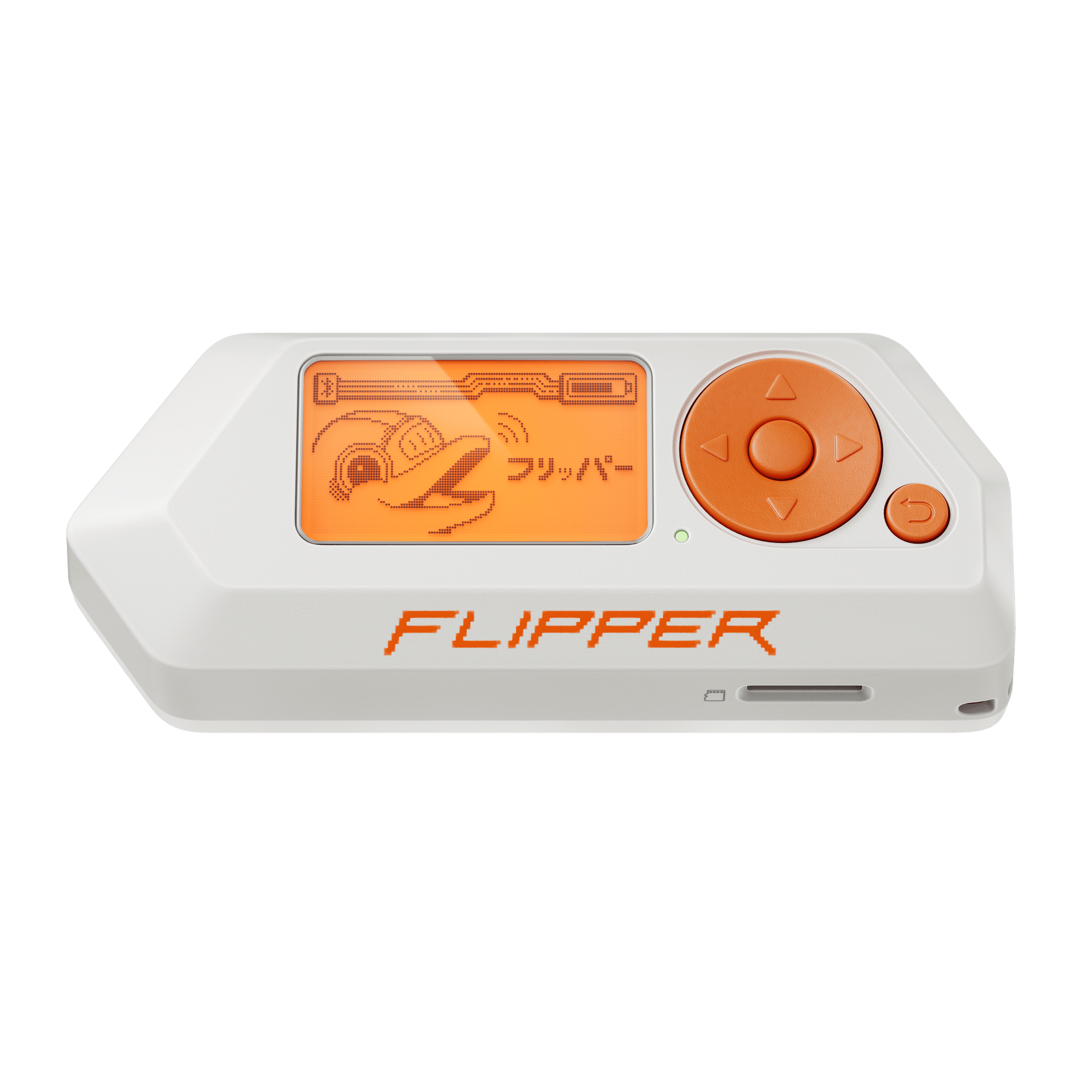 Vista frontal de un Flipper Zero blanco con botones naranjas