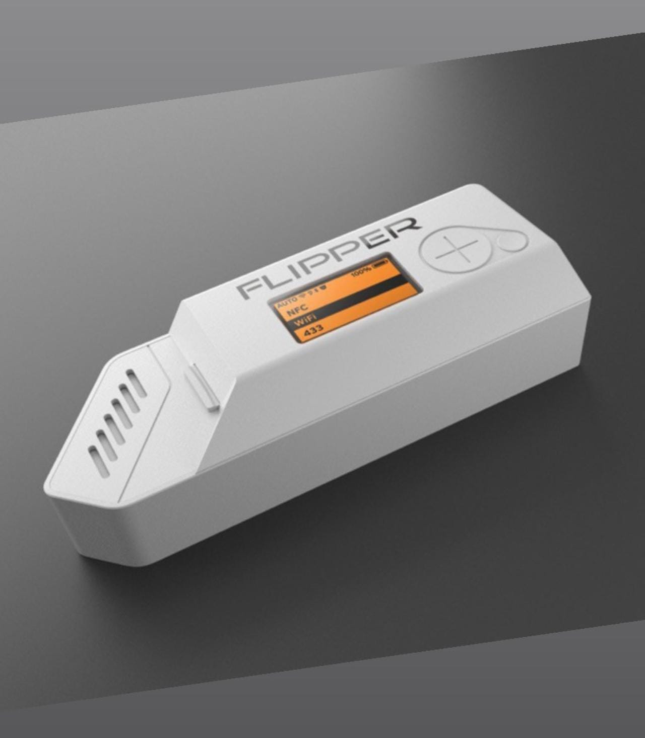 Concepto temprano de Flipper con carcasa alargada, pantalla naranja pequeña y control circular