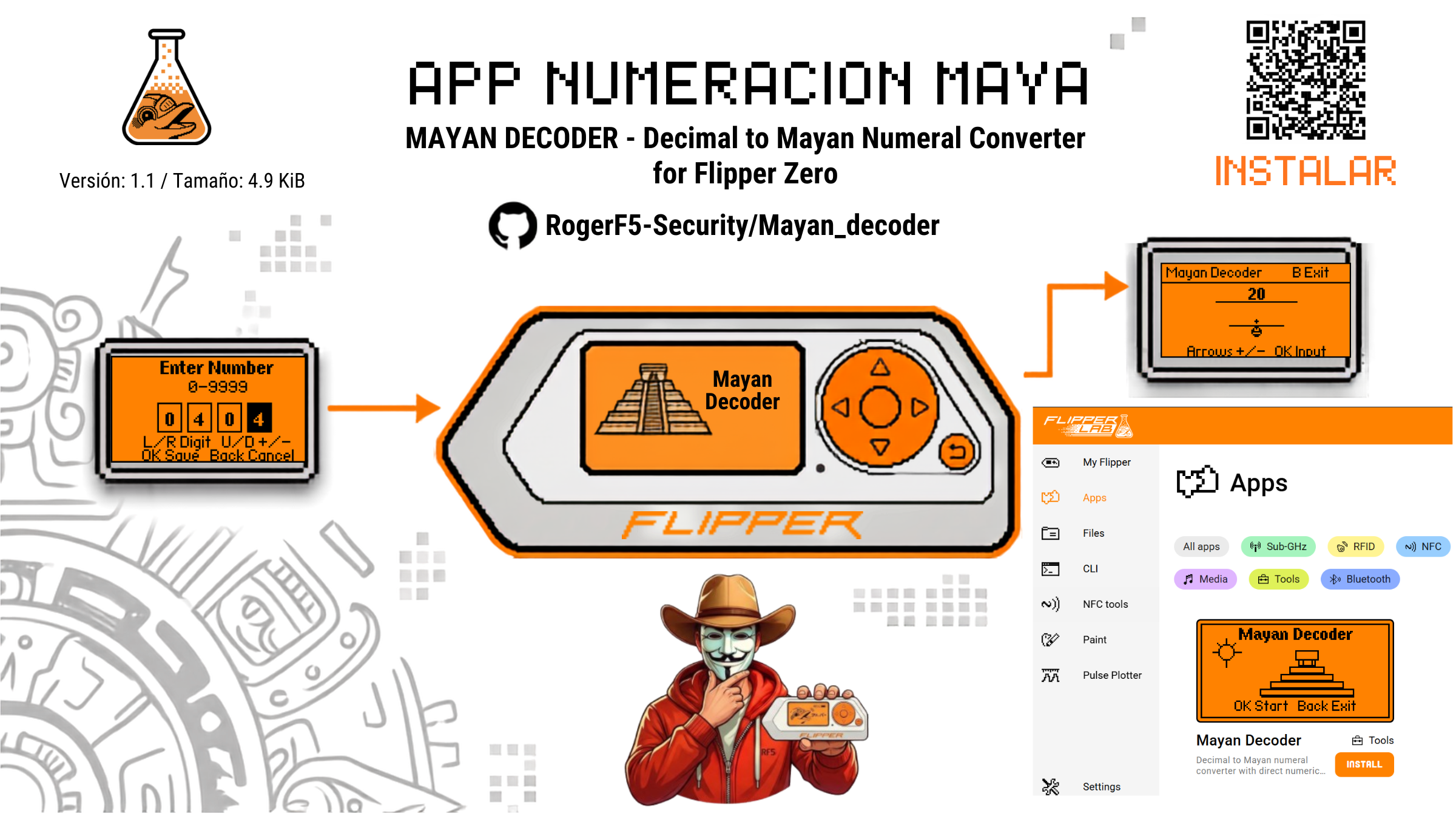 Banner de Mayan Decoder con un Flipper, pantallas de la app y acceso de instalación