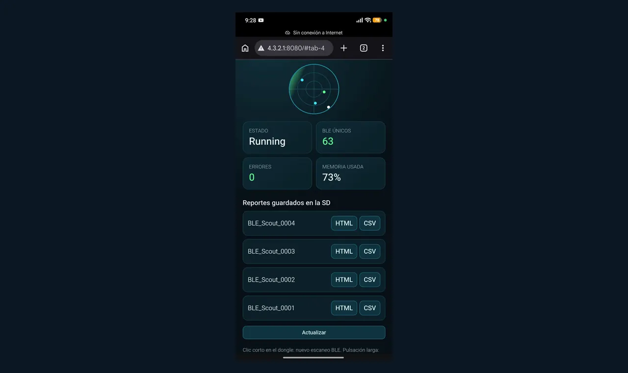 Dashboard local de BLE Scout en un teléfono