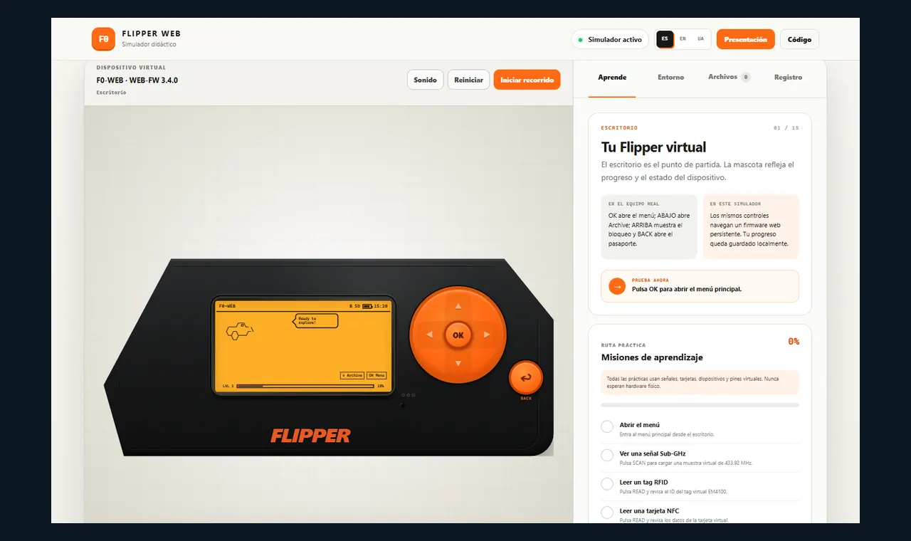 Simulador Flipper Zero en ejecución en el navegador